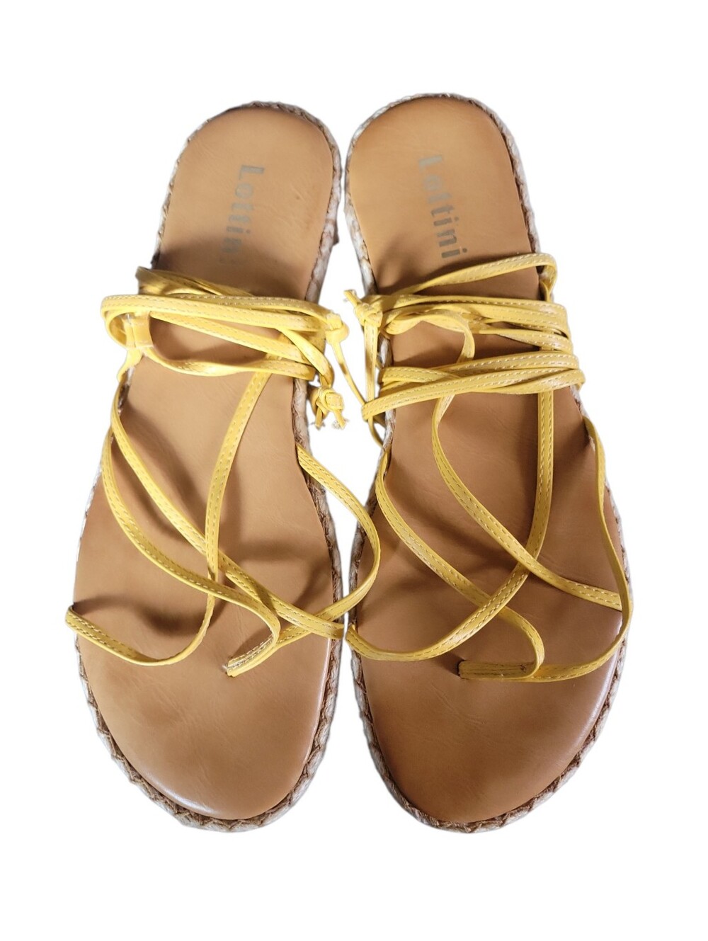 Lottini Yellow Women's Leather Lace-Up Strappy Espadrille Thong Sandals Sz 8M